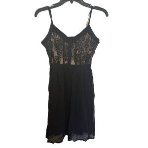 Black Lace Bodice Sleeveless Dress With Sheer Overlay Size S